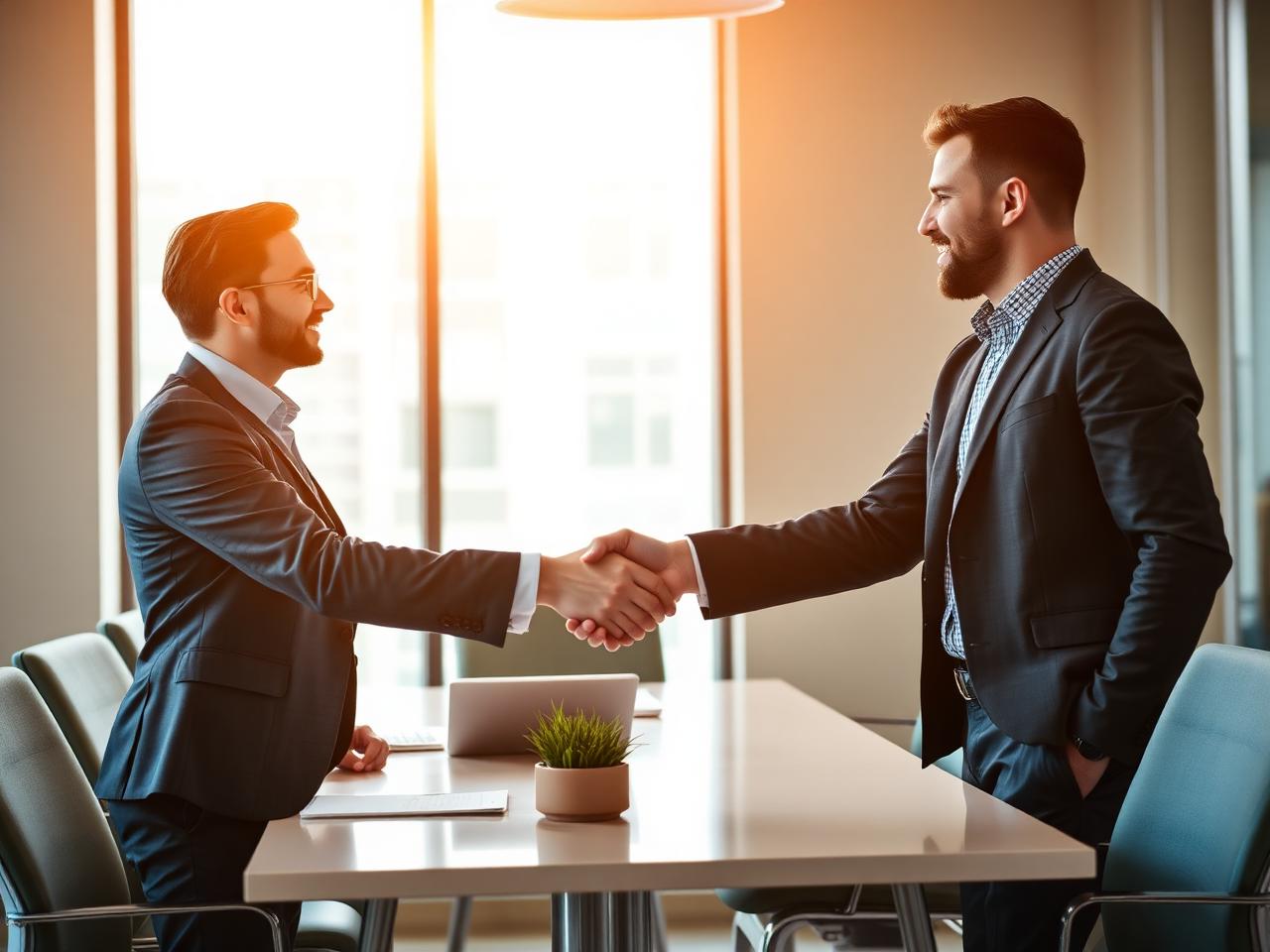 Profissionais em reunião corporativa apertando as mãos